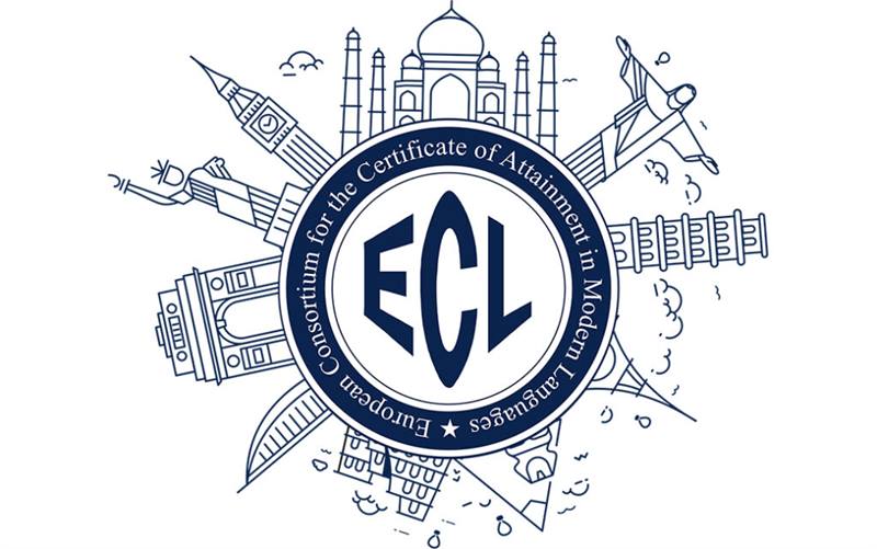 Logo de l'examen international d'allemand ECL entouré de monuments du monde